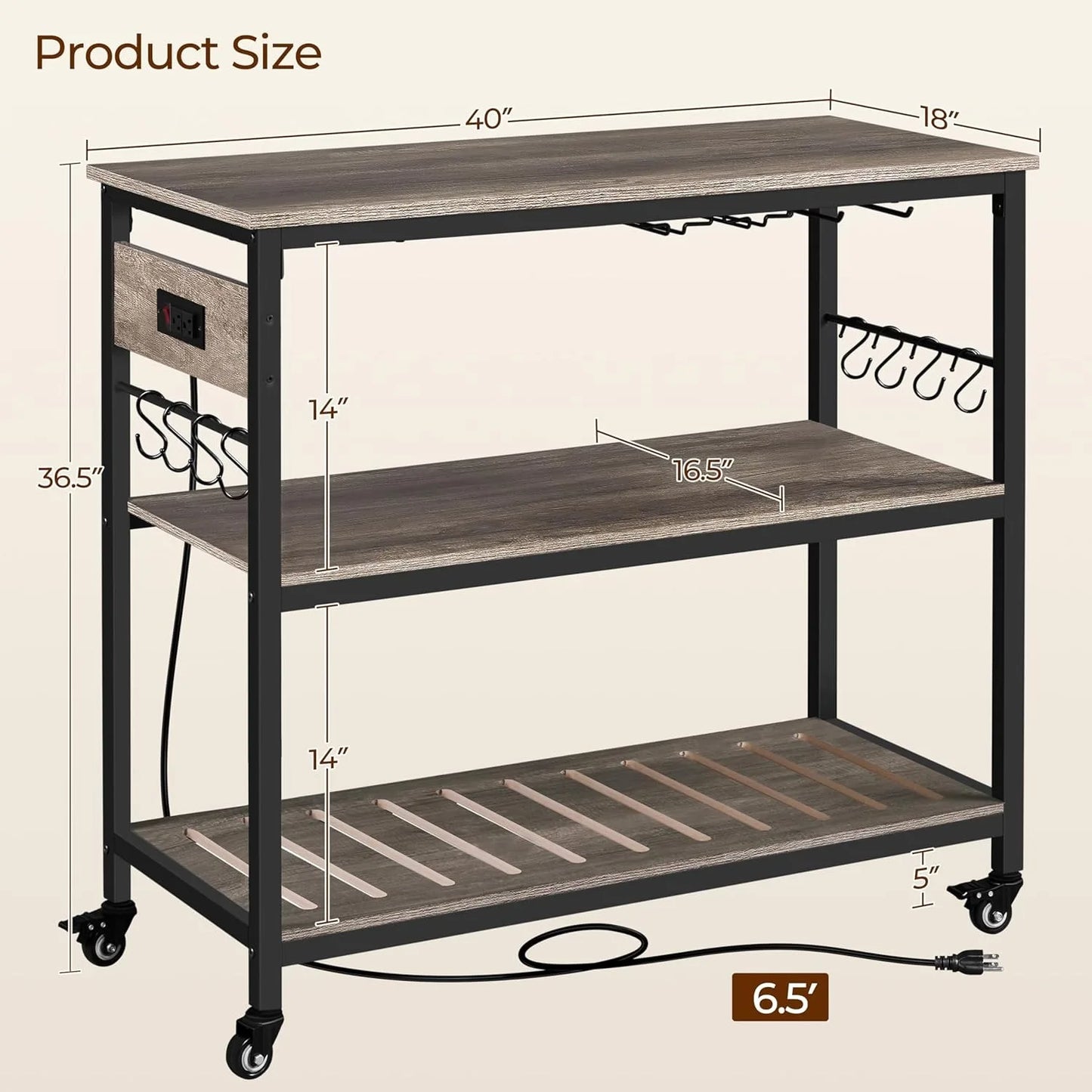 Versatile Kitchen Island Cart with Power Outlet and Hooks