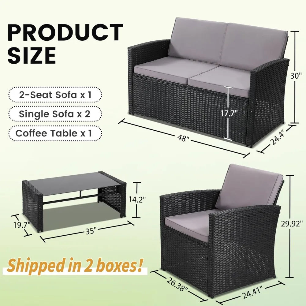 4 Piece Patio Conversation Set with Sofa Two Chairs and Coffee Table for Porch Deck Outdoor Wicker Sectional Furniture