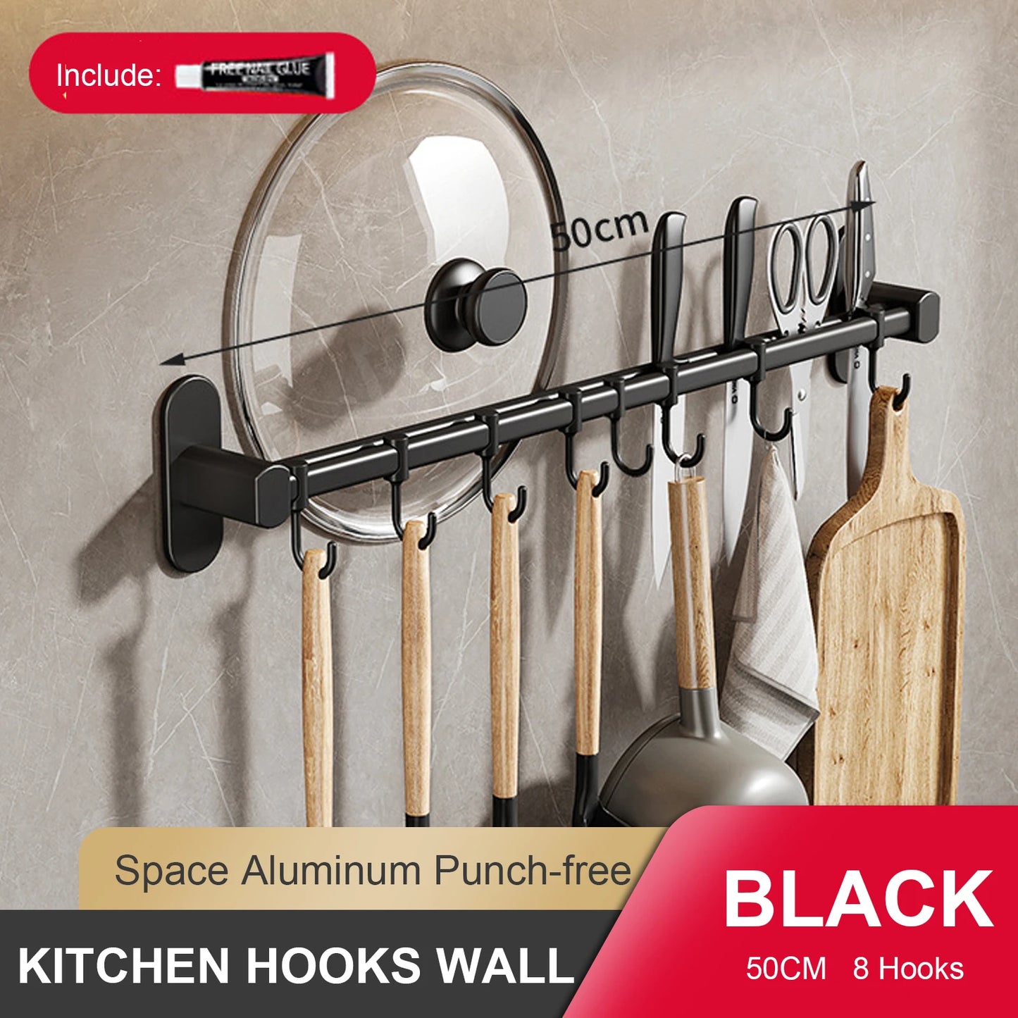 RUITHOEC Wall Mounted Kitchen Hook Rack No Punching Rail
