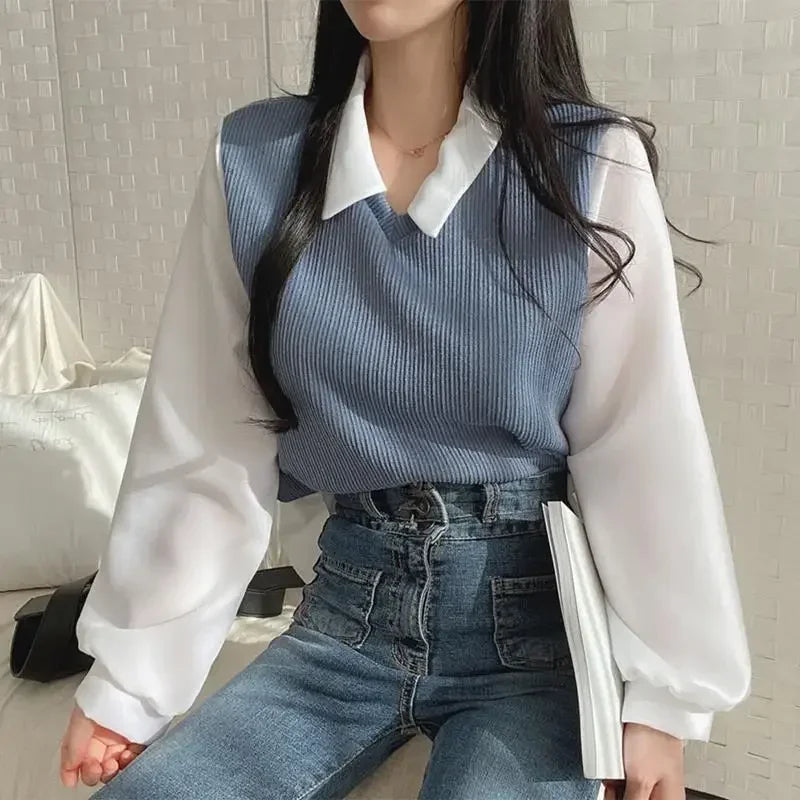 CN False Two Piece Polo Collar Women Blouse Spring Casual