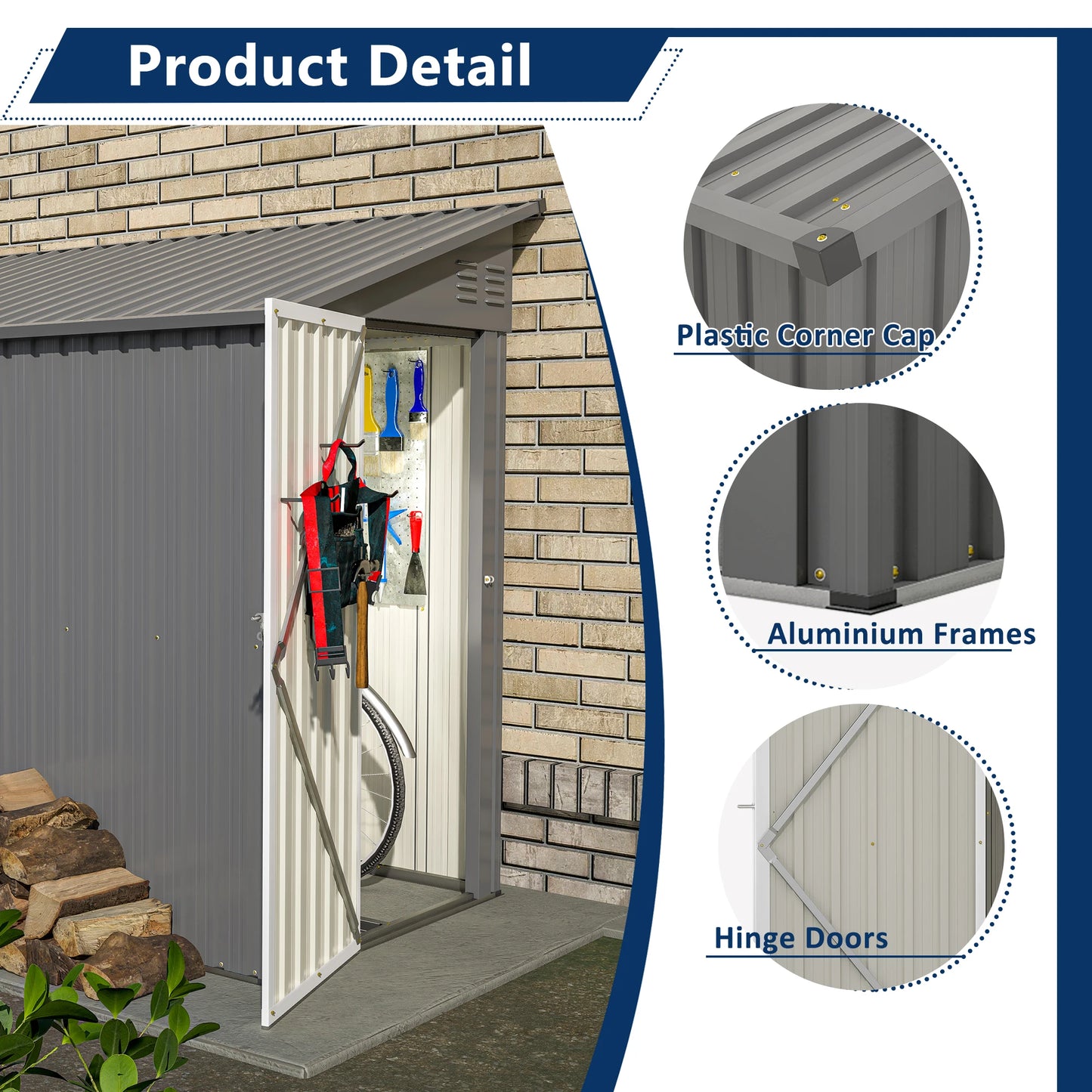 LZBEITEM 4 Foot x 8 Foot Metal Side Storage Shed Outdoor Garden Cabinet Grey