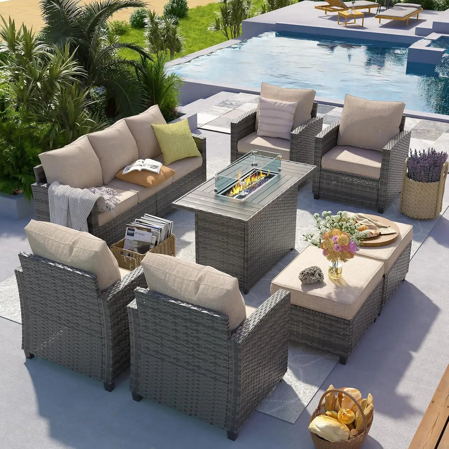 Outdoor Patio Furniture Set with 44 Inch Fire Pit Table for Garden Backyard Deck 6 Pieces Sectional Conversation Set