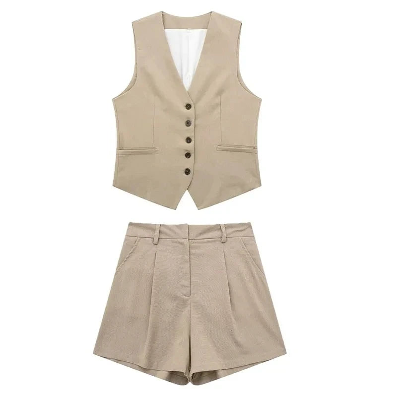 TRAFZA Women Casual Vintage Pant Suit Vest Shorts Set