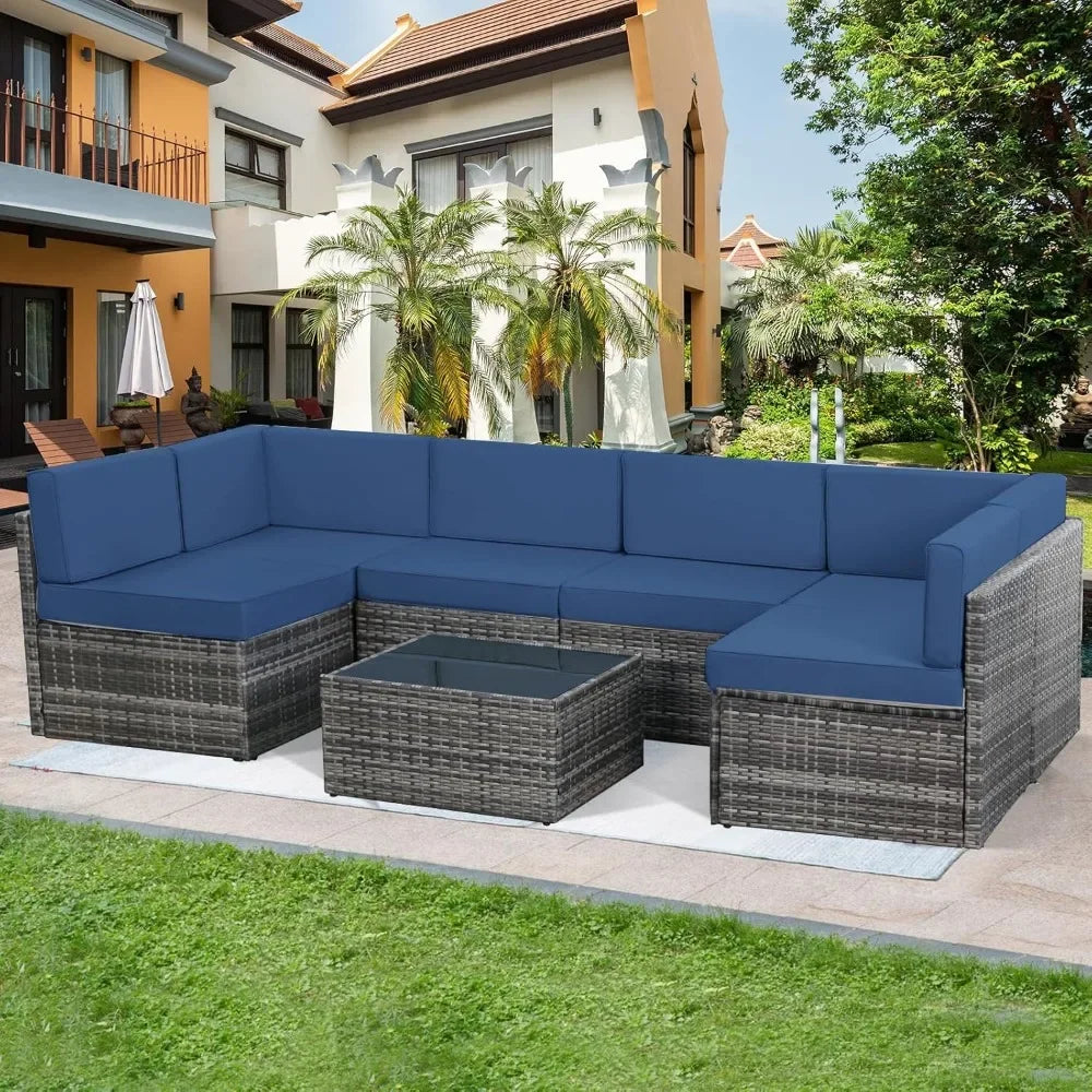 7 Piece Outdoor Patio Furniture Set PE Rattan Grey Wicker Sectional Chair Set with Cushion
