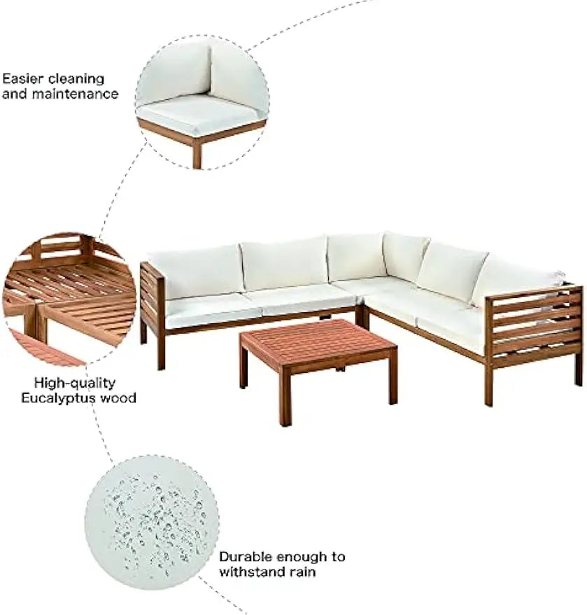 Outdoor Sectional Sofa Set with Coffee Table Removable Patio Sectional Seating Group L Shape Corner Sofa Set Natural Wood Beige
