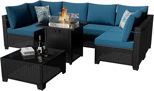8 Pieces Outdoor Sectional Furniture Rattan Wicker Patio Sofa Couch with 28 Inch Gas Fire Pit Table Conversation Set for Backyard