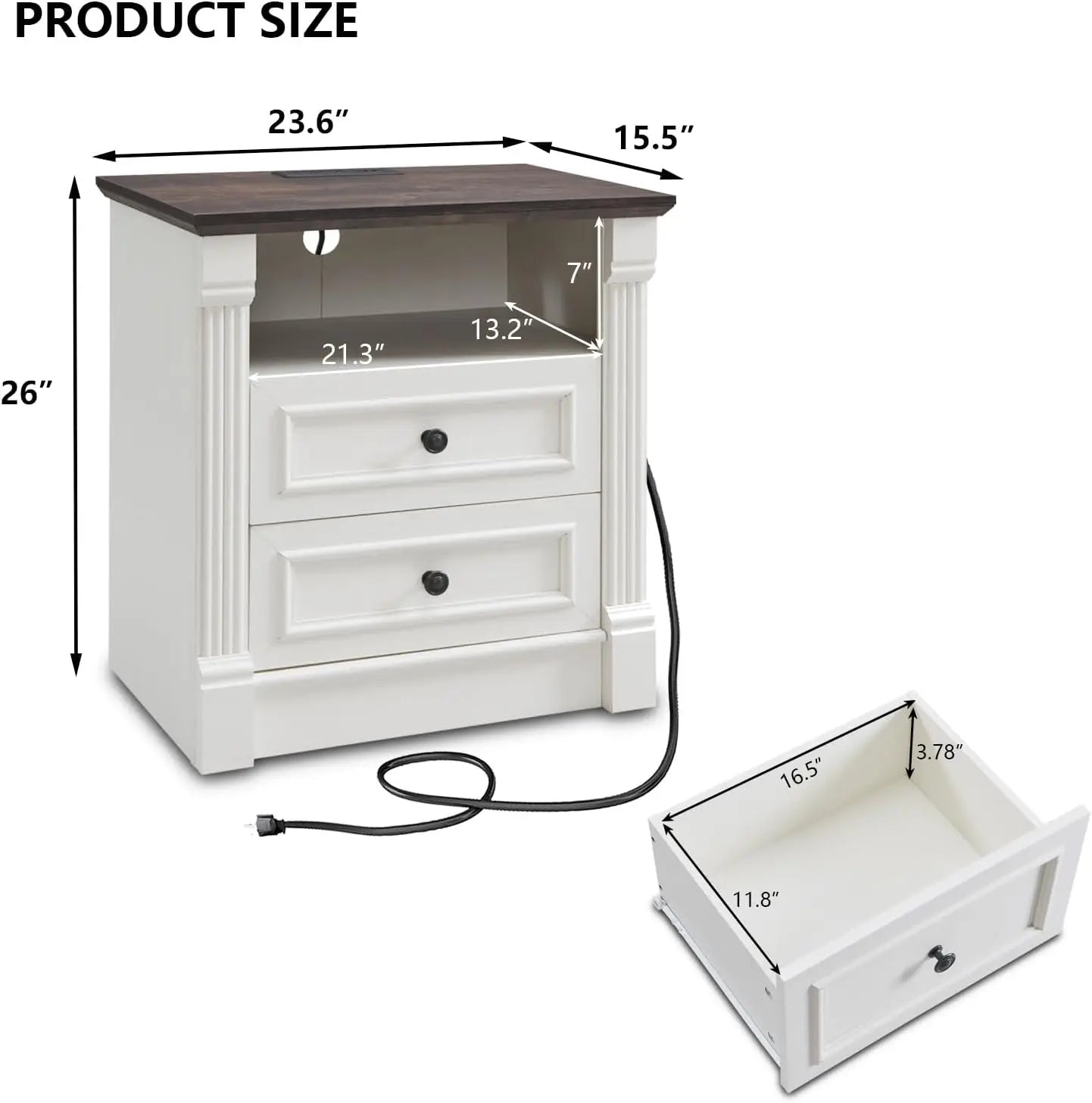 Elegant Wooden Side Table with Charging Station and Open Shelving