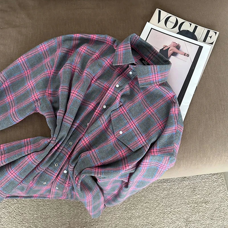FSMGCN Versatile Plaid Shirt For Women Oversized Blouse