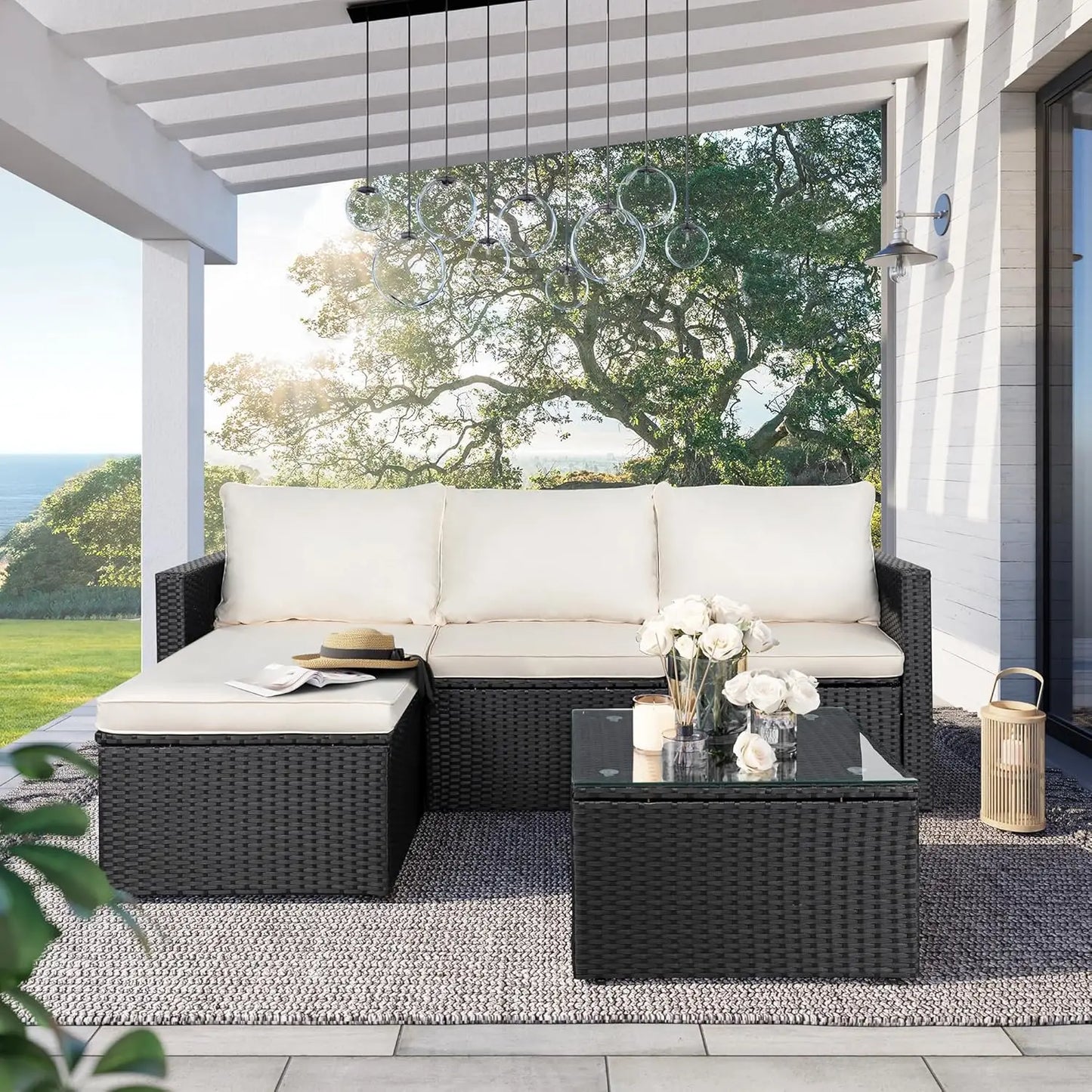 All Weather Outdoor PE Rattan Patio Conversation Sofa Set 3 Piece with Glass Coffee Table Garden Furniture Sets
