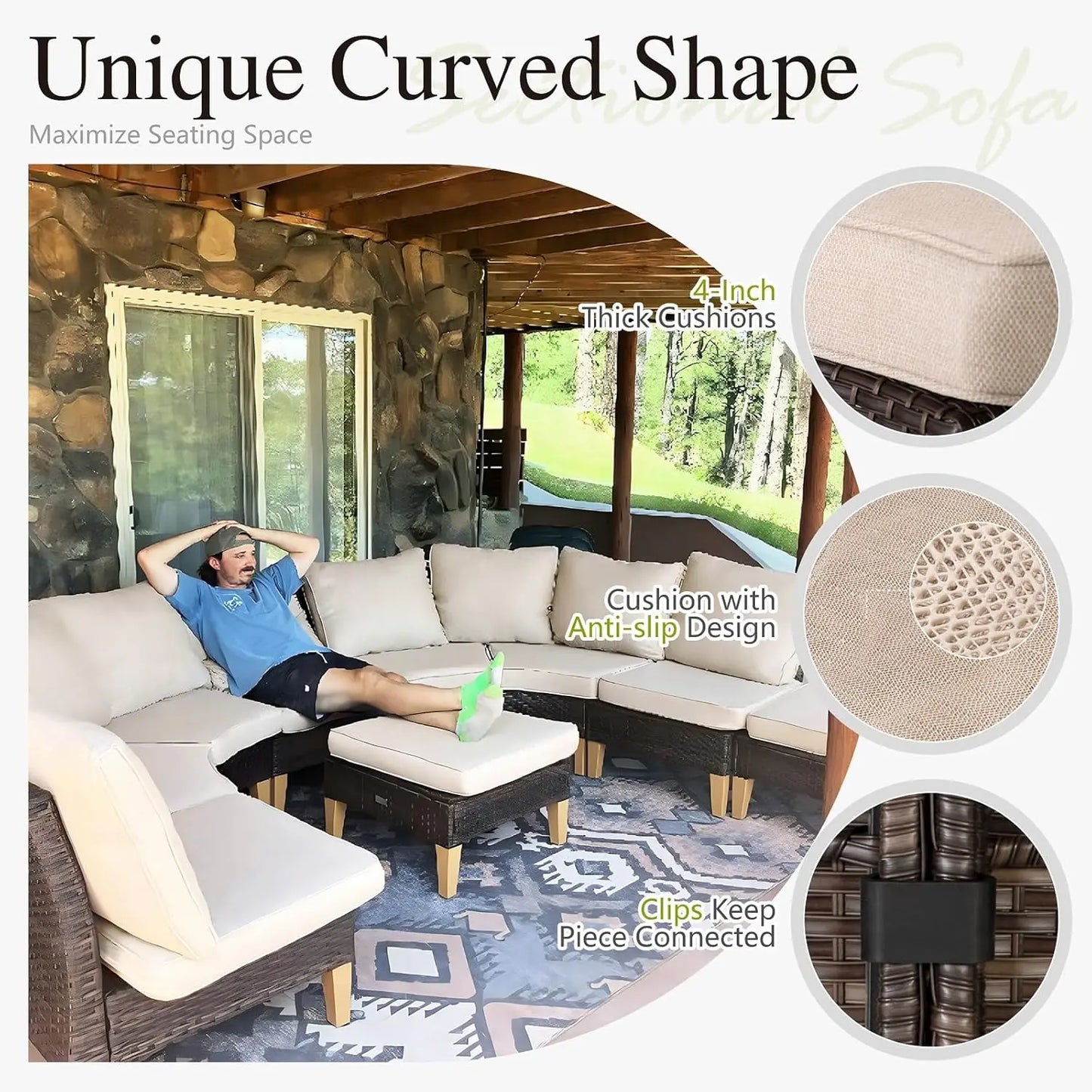 12 Piece Curved Outdoor Sectional Sofa Set Rattan Patio Conversation Set Beige
