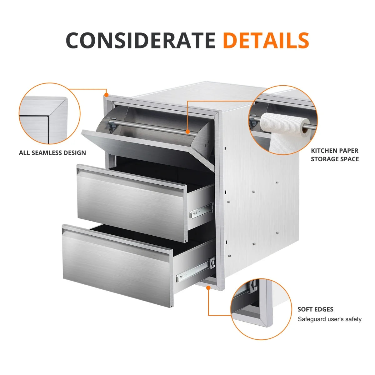 Stainless Steel Outdoor Kitchen Drawers with Paper Towel Holder