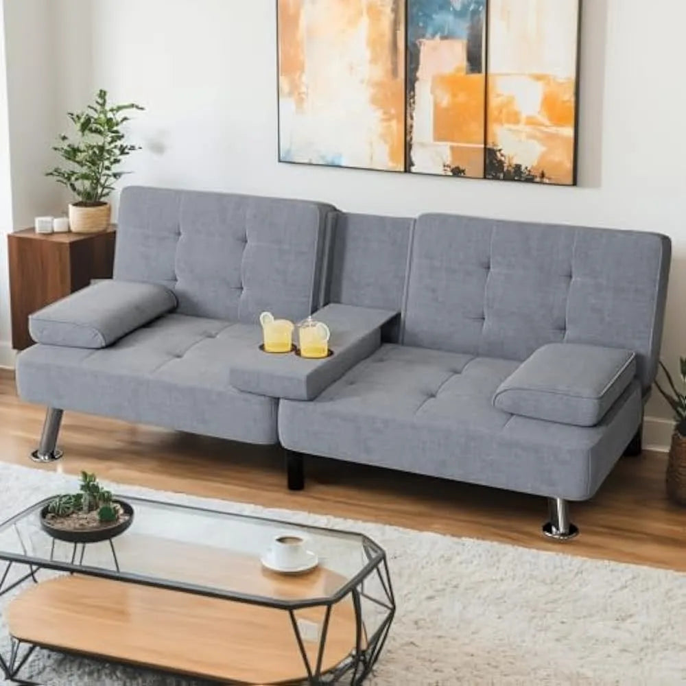 Convertible Sofa Bed with Removable Armrests and Cup Holders