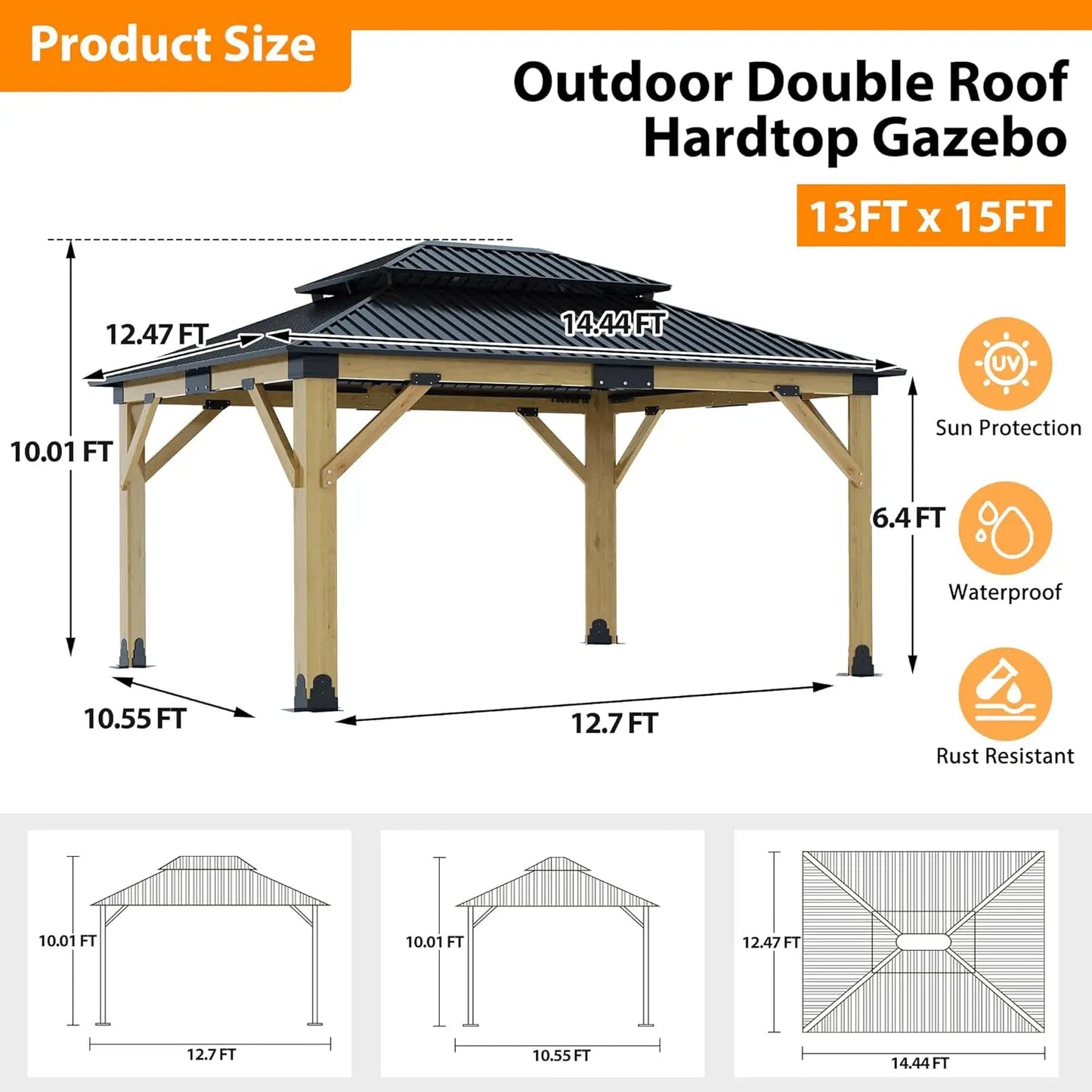 High-Concerned Outdoor Wood Gazebo Aluminum Roof Hardtop