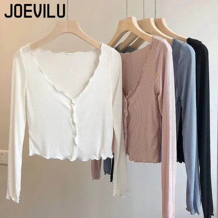 JOEVILUCN Slim Knit Shirt Crop Top Cardigan V Neck Ladies
