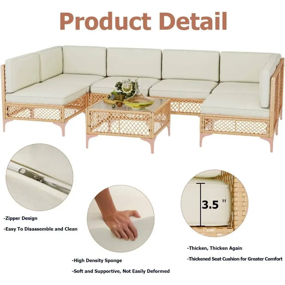7 Piece Wicker Patio Furniture Set with Glass Table