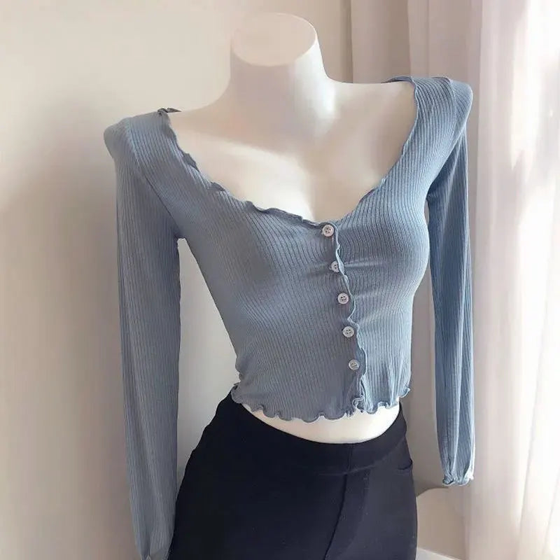 JOEVILUCN Slim Knit Shirt Crop Top Cardigan V Neck Ladies