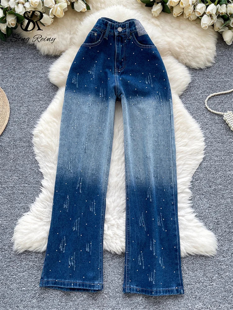 SR.Singreiny High Street Gradient Jeans Women High Waist