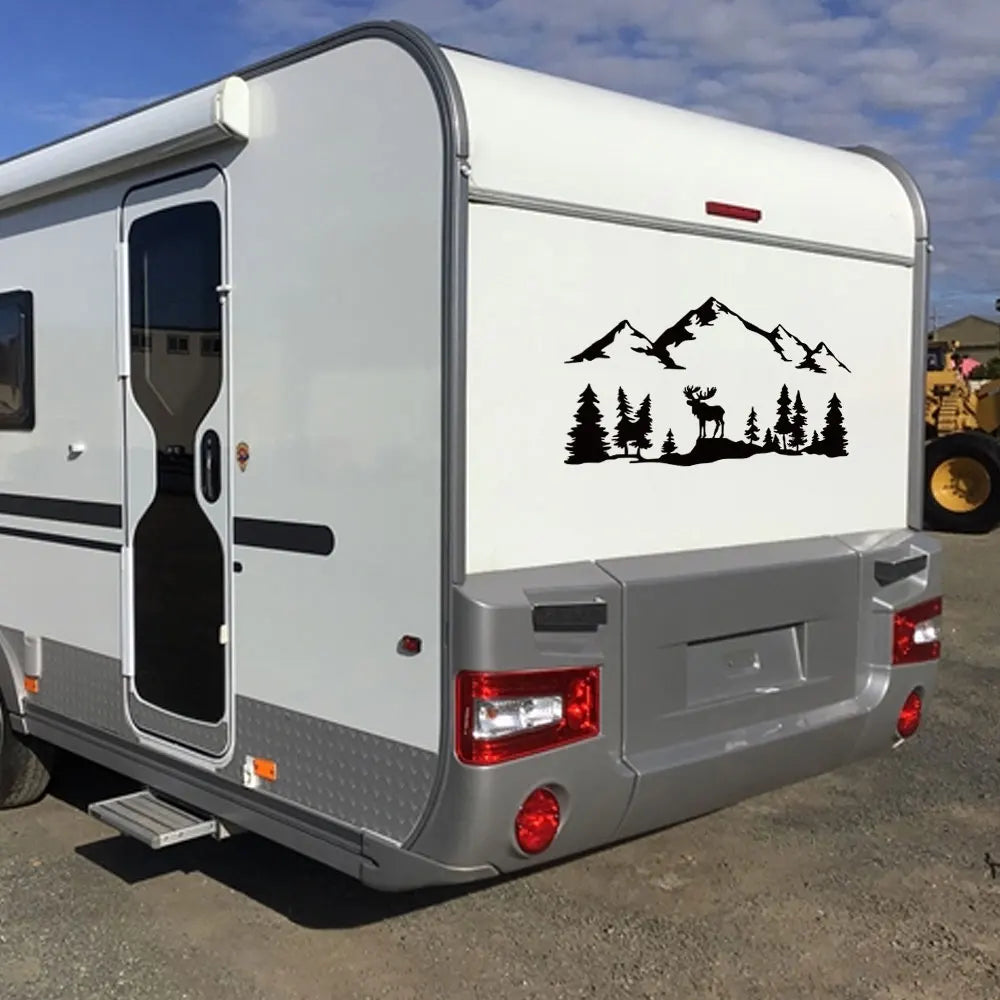 Car Stickers For Motorhome Horsebox Caravan RV Camper Van Outdoor Graphics Moose Trees Forest Mountain Silhouette Decal