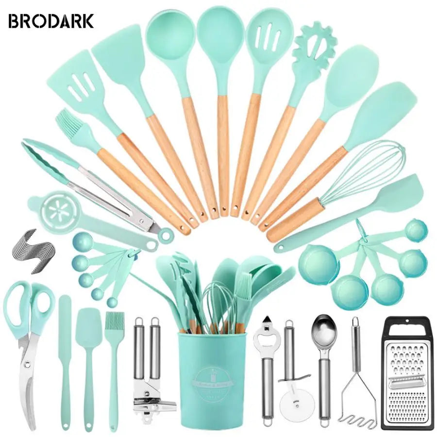 44PCS Premium Silicone Kitchen Utensil Set With Wooden Handles Heat Resistant Non Stick Friendly Cooking Tools