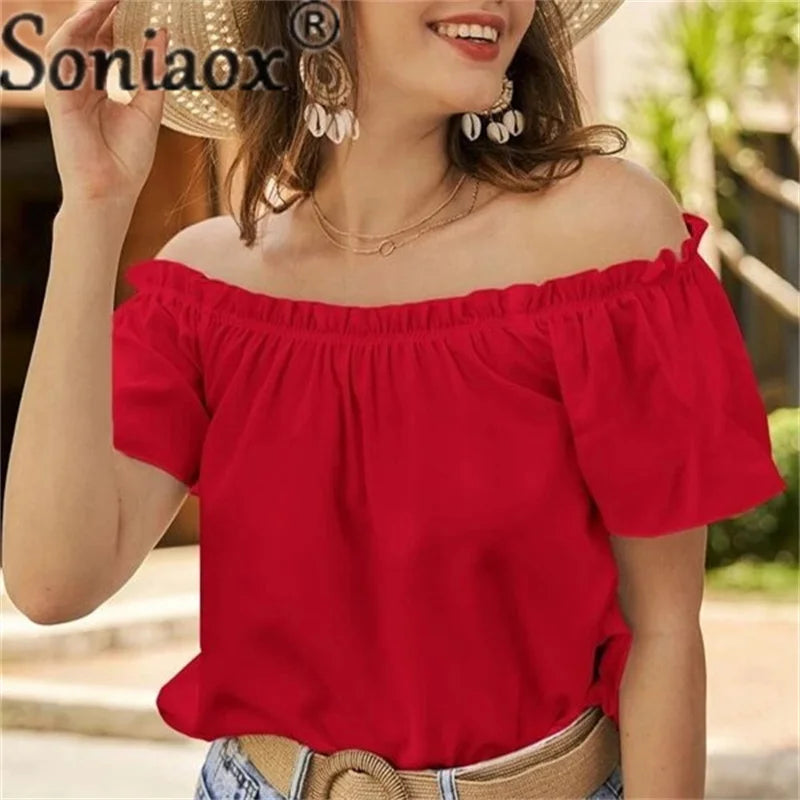 Soniaox Off Shoulder Pleated Shirt With Short Sleeves Summer