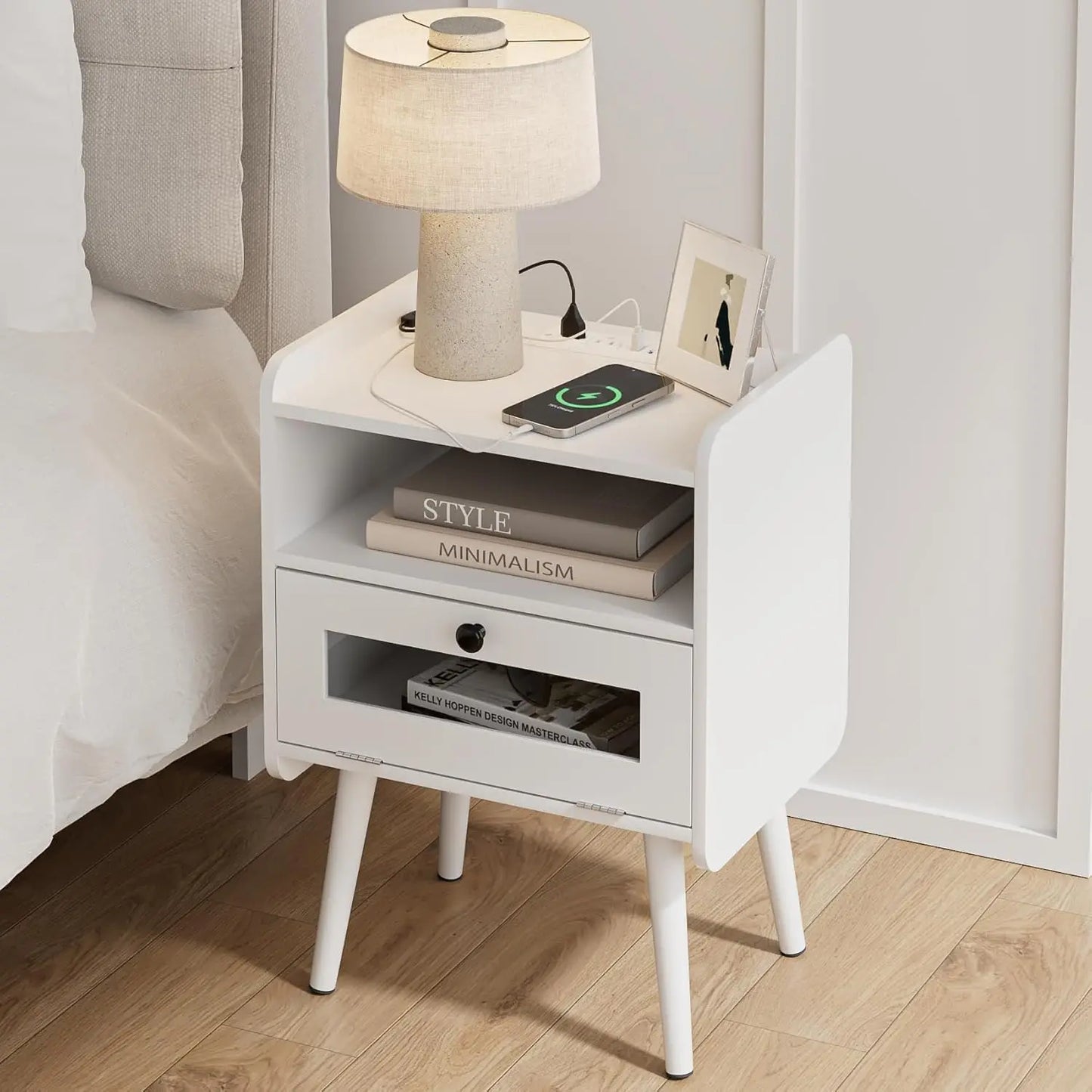 Nightstand With Charging Station Mid Century Modern Bedside Table With Storage Drawer And Open Wood Shelf Small End Side Table