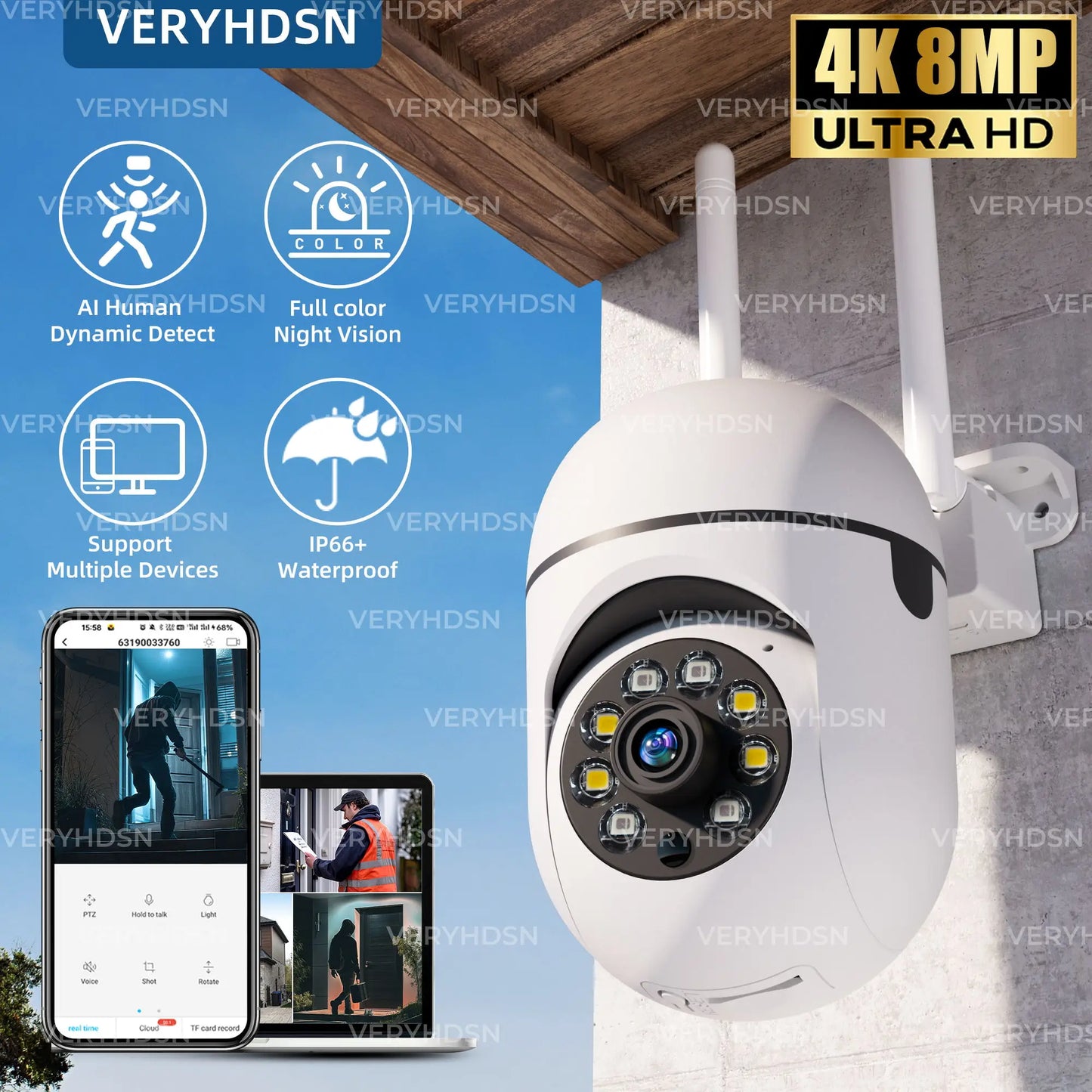 8MP Wireless Security Camera PTZ Wifi Outdoor with 4X Zoom AI Human Tracking Two Way Audio HD Night Vision