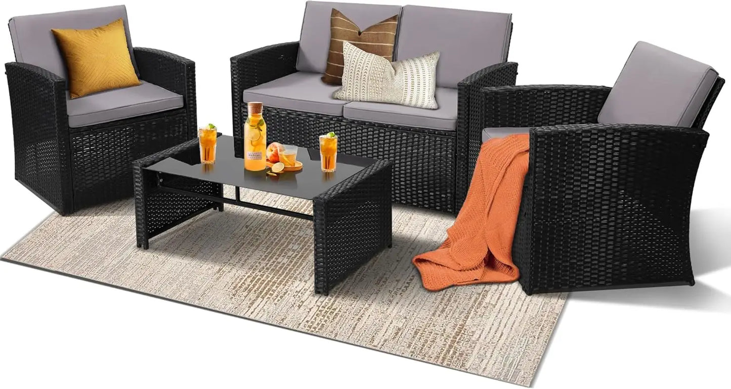 4 Piece Patio Conversation Set with Sofa Two Chairs and Coffee Table for Porch Deck Outdoor Wicker Sectional Furniture
