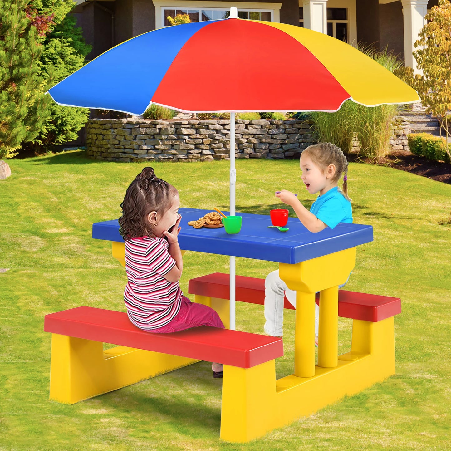 Kids Picnic Table Set With Removable Umbrella For Outdoor Fun