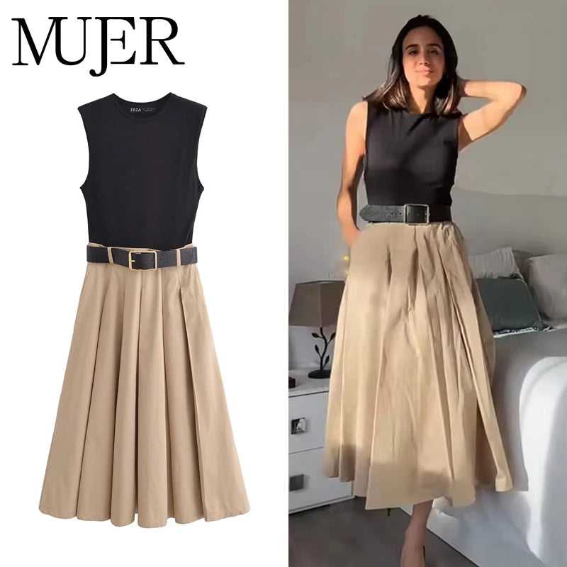 MUJERCN Belted Pleated Midi Dress For Women Sleeveless
