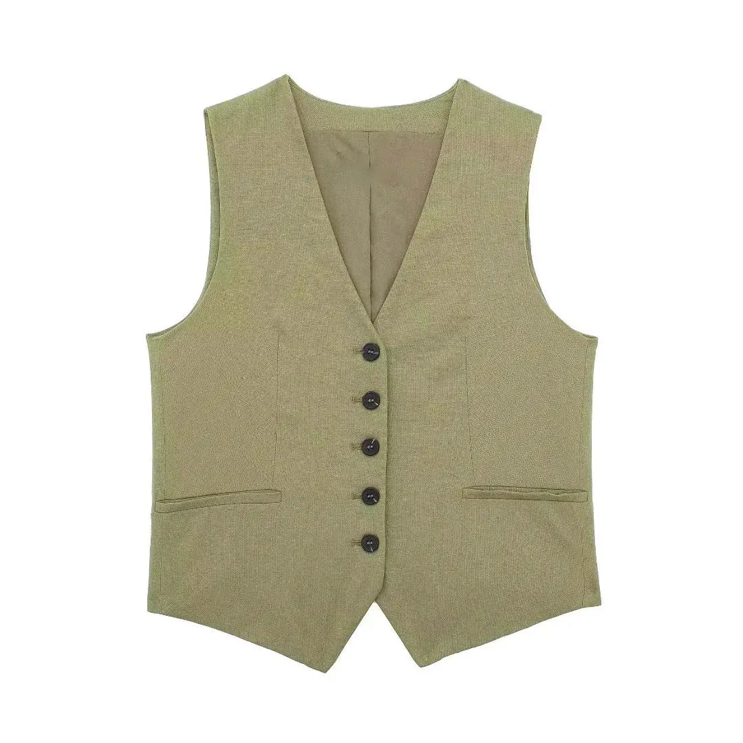TRAFZA Women Casual Vintage Pant Suit Vest Shorts Set