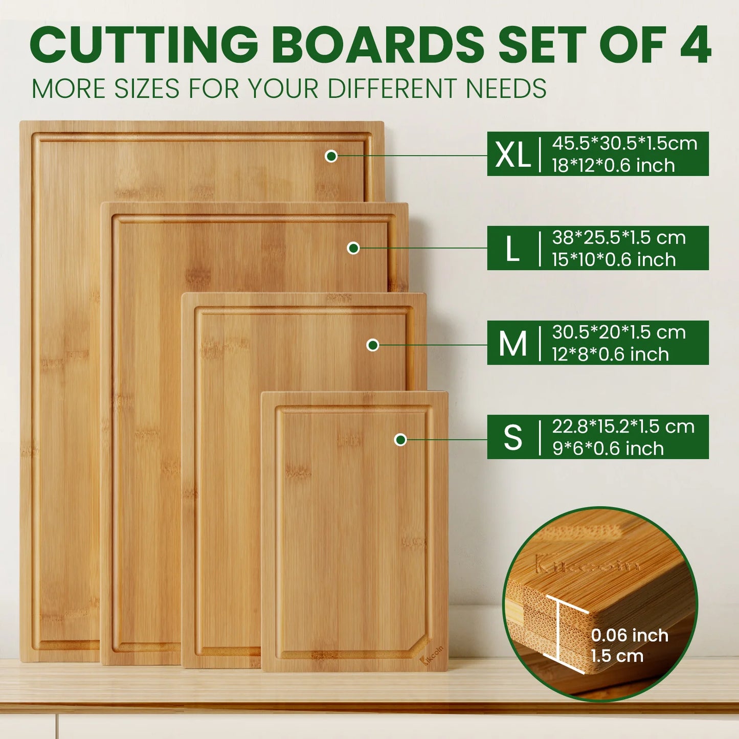 4 Piece Extra Large Kitchen Bamboo Cutting Board Set