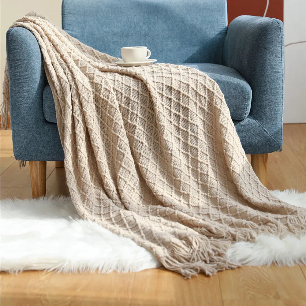 Textile City Faux Cashmere Sofa Blanket Cover Nordic Style Knit Plaid Throw with Tassels Bedspread Golden Blanket for Spring Summer