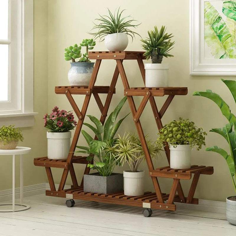 Bingopaw Triangular Plant Shelf 6 Pot Carbonized Wood Stand