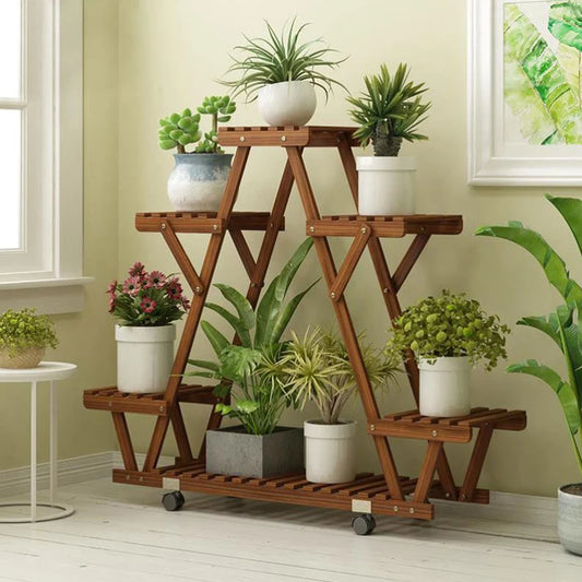 Bingopaw Triangular Plant Shelf 6 Pot Carbonized Wood Stand