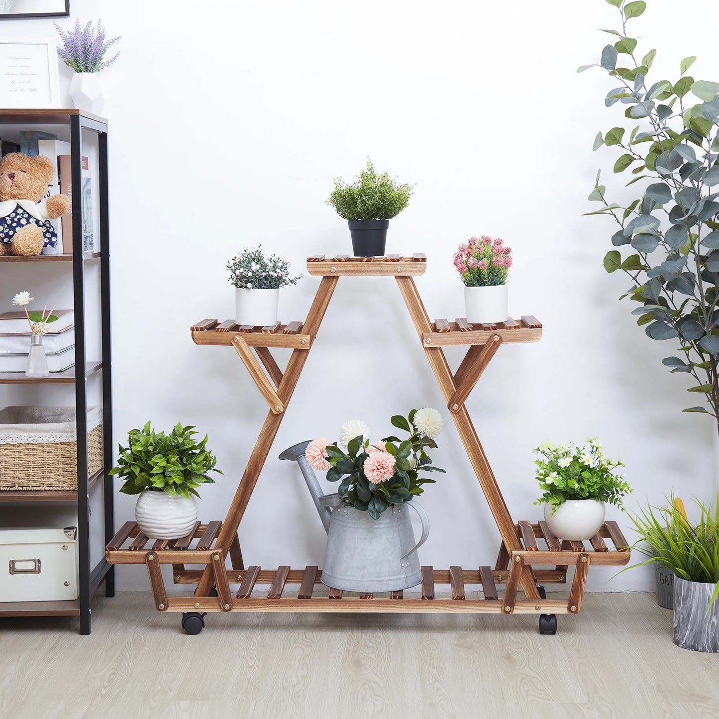Bingopaw Triangular Plant Shelf 6 Pot Carbonized Wood Stand