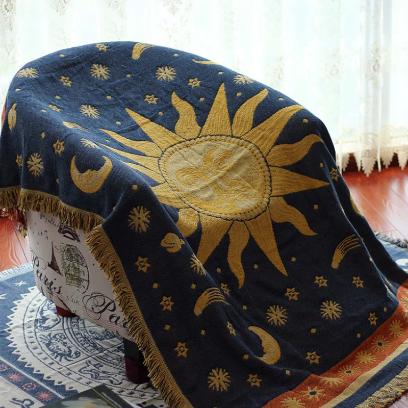 Textile City American Country Retro Jacquard Woven Blanket Sun Moon God Sofa Throw Dust Proof Cushion Carpet 180x230cm