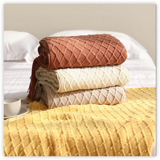 Textile City Faux Cashmere Sofa Blanket Cover Nordic Style Knit Plaid Throw with Tassels Bedspread Golden Blanket for Spring Summer