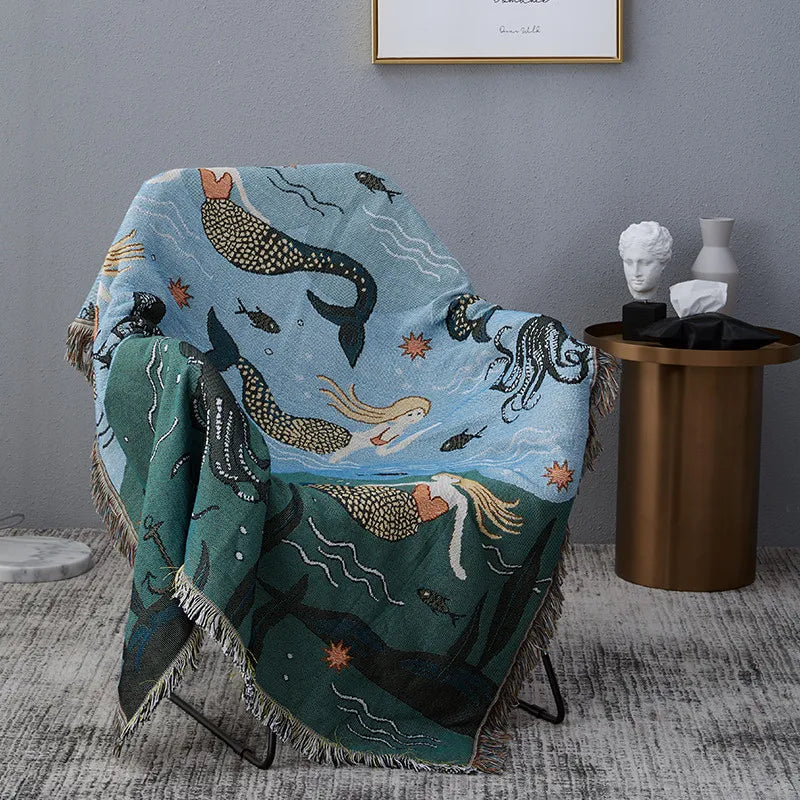 Textile City Nordic Style Throw Blanket Mermaid Pattern Tapestry for Bed Living Room Sofa Cover Bedspread