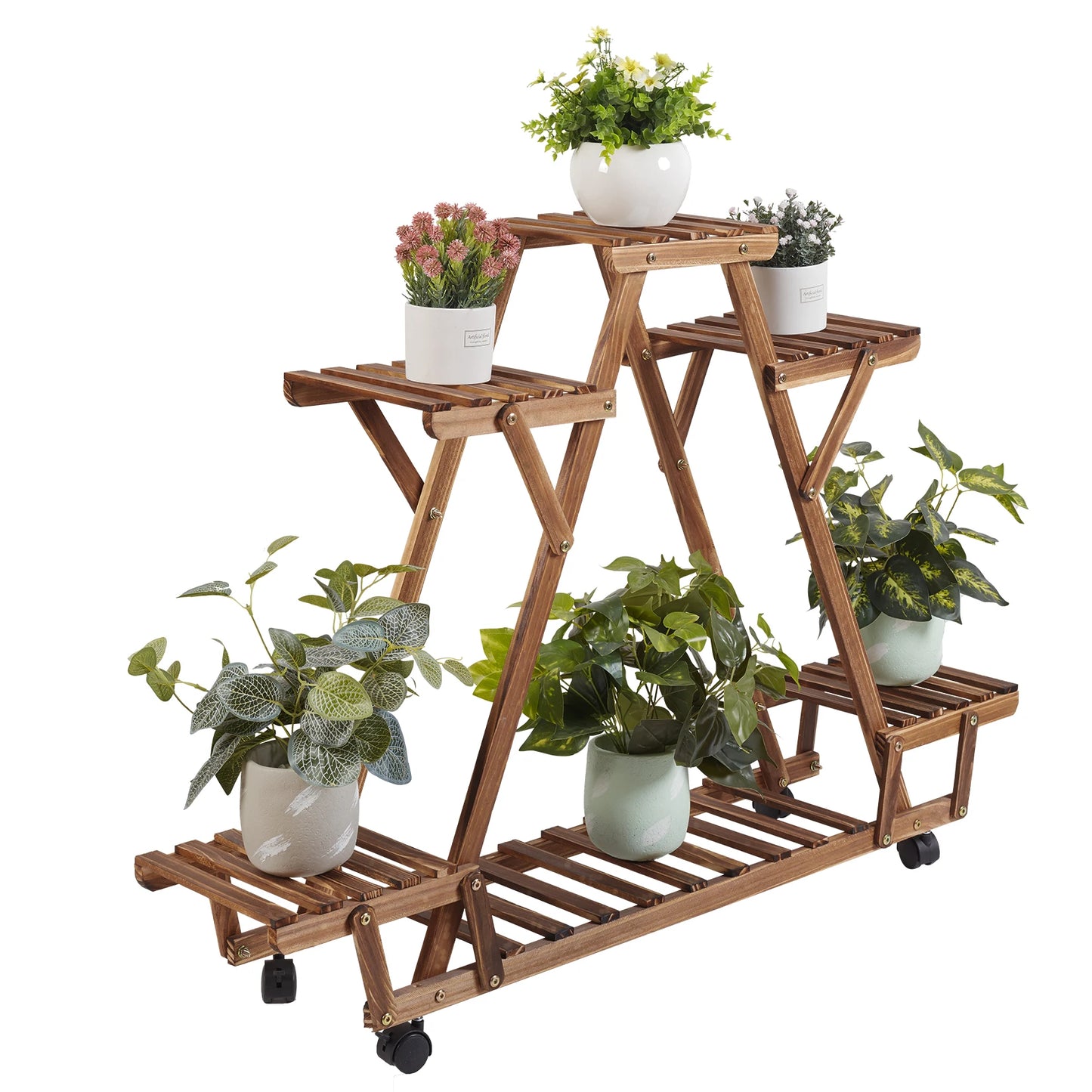 Bingopaw Triangular Plant Shelf 6 Pot Carbonized Wood Stand