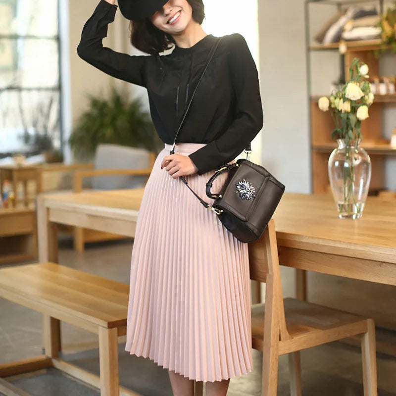 Fashion Women's High Waist Pleated Solid Color Half Skirt