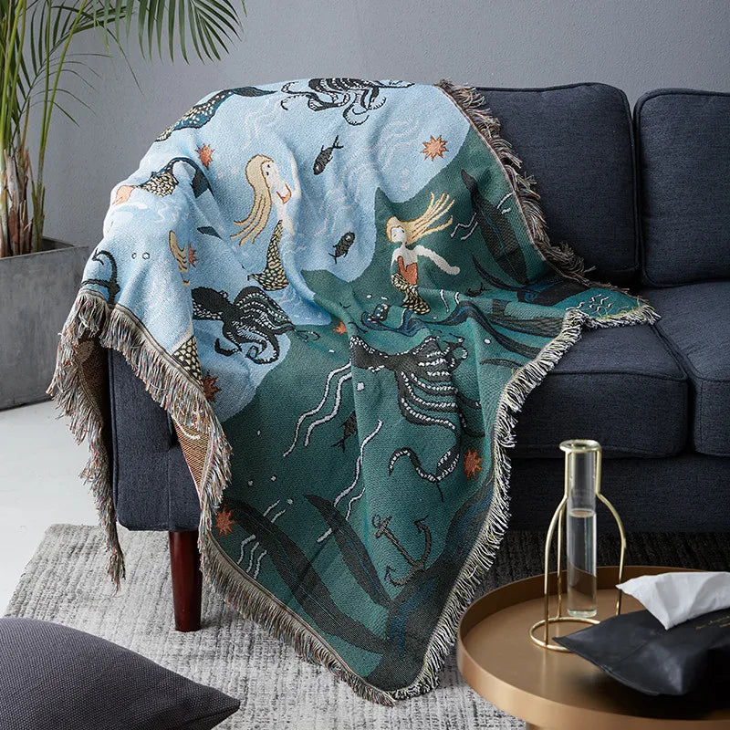Textile City Nordic Style Throw Blanket Mermaid Pattern Tapestry for Bed Living Room Sofa Cover Bedspread