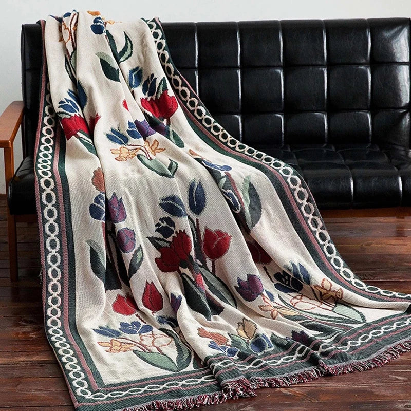 Tulip Flowers Vintage Throw Blanket Sofa Cover Knitted Bedspread Floral European Style Outdoor Camping Travel Cobija