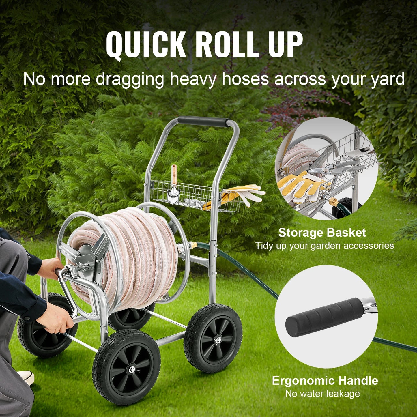 SucceBuy Hose Reel Cart Holds Up to 300 Feet of 5/8 Inch Hose Garden Water Hose Carts Mobile Tools with Four Wheels Powder Coated Steel