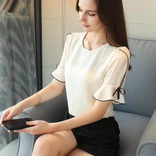 Magesuek Chiffon Women Blouse Short Sleeve Bow Elegant