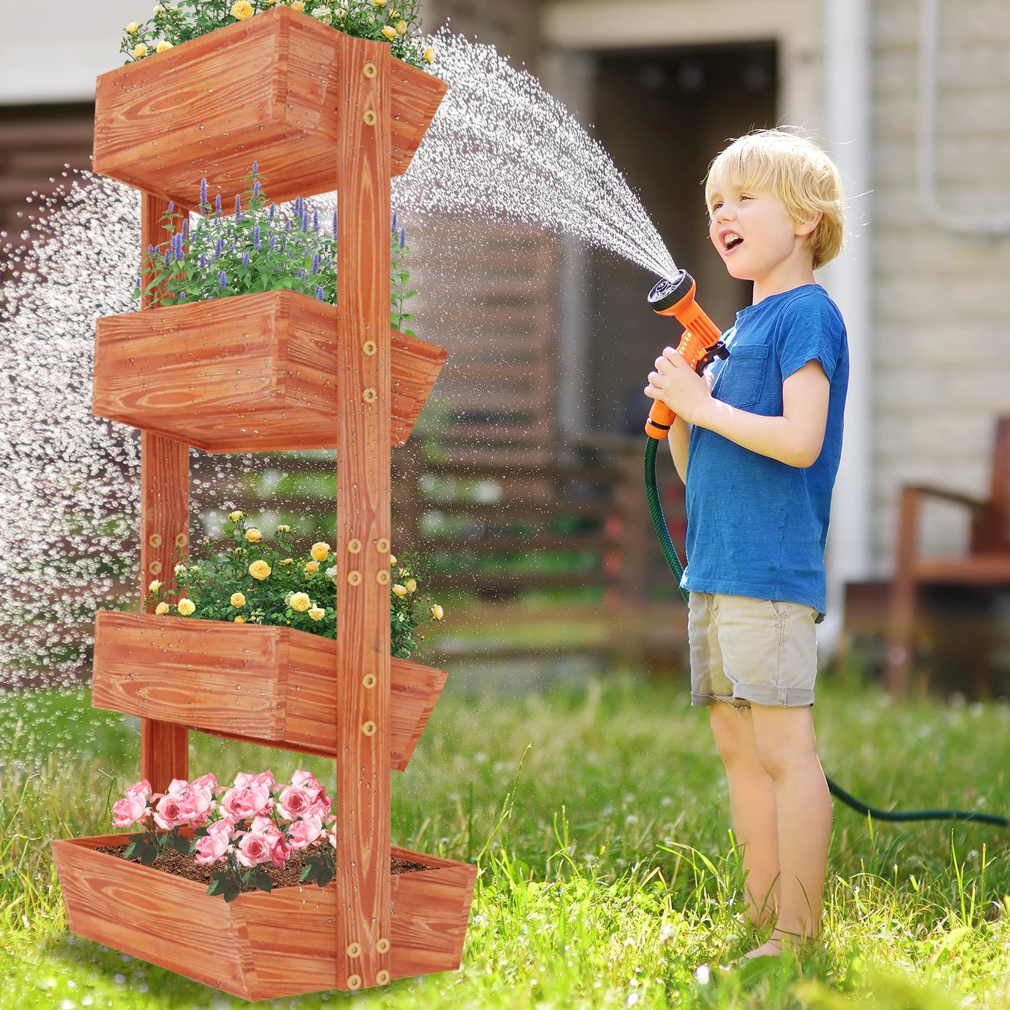 Finishing 4 Tier Vertical Garden Bed Wooden Planter Stand