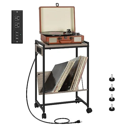 Record Player Stand with Vinyl Storage Side Table and Charging Station 2 Tier Rolling Record Player Table for Living Room