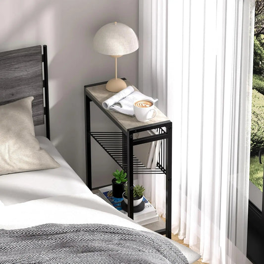 Small Side Table for Small Space 3 Tier Narrow End Table with Magazine Holder Slim Nightstand and Couch Table