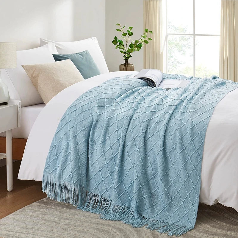 Nordic Textured Knitted Blanket Blue Throw Blanket with Tassels for Sofa and Bed Decor
