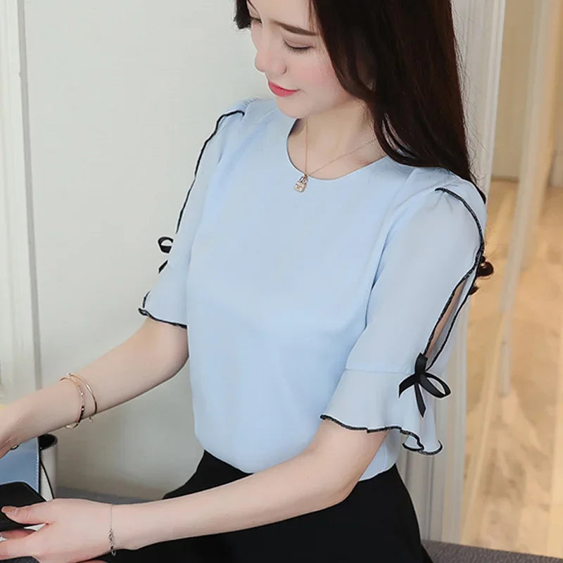 Magesuek Chiffon Women Blouse Short Sleeve Bow Elegant