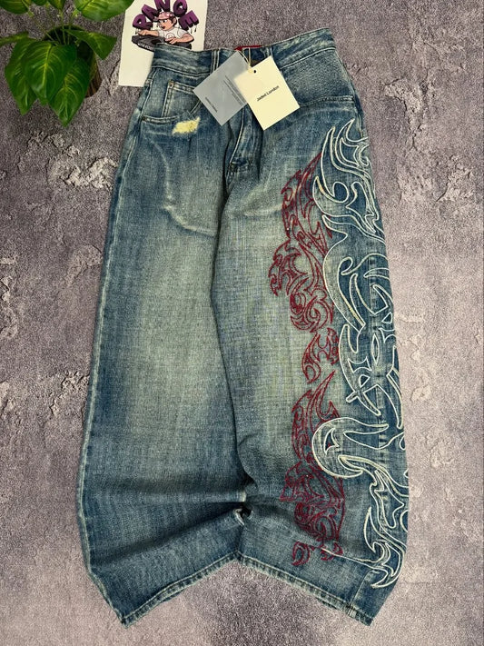 Streetwear Embroidered Baggy Jeans Women High Waist Wide Leg